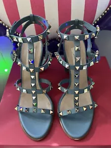 Valentino Garavani Ruckstud Pastel Blue Calfskin Leather Sandals - Picture 1 of 13