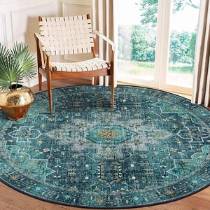 Thin Washable Round Rug - 6ft Teal Large Living Room Circle Area Rugs, - Picture 1 of 8