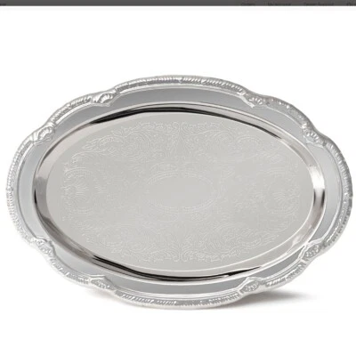 Small Silver Finish Oval Serving Tray Platter Vintage Appetizer Cocktail Plate - Image 1 of 4