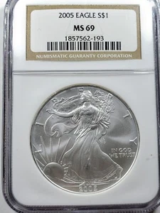 2005 $1 AMERICAN SILVER EAGLE NGC MS69 CLASSIC BROWN LABEL - Picture 1 of 4