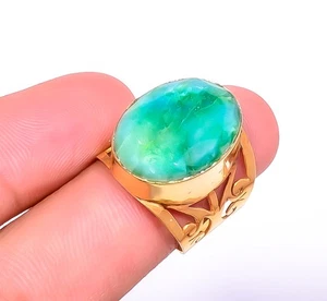 Emerald (Simulated) Gemstone Antique 18k Yellow Gold Plated Ring s.8.5 R-349 - Picture 1 of 4