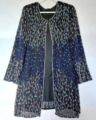 Chaqueta de Noche 22 Negro Azul Lentejuelas Cuentas Forradas Mangas Largas Longitud Midi Foto 1 de 4