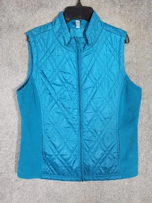 Exertek Quilted Zip Front Vest Womens Size Medium Teal Pockets Fleece Sides - Image 1 of 4