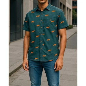 Sovereign Code Mens Short Sleeve Button down Shirt with foxes Mens Large - Picture 1 of 6