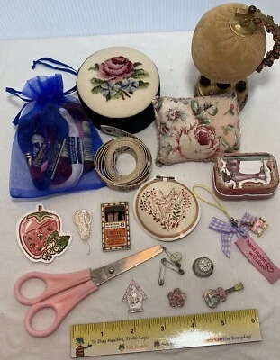 2 Sewing Pin cushions Globe Needlepoint Rhinestone Machine Charm Notions 194 - Image 1 of 4