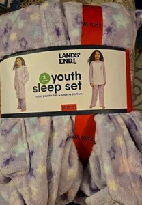 Lands' End Girl's 3 Pc Pajamas Robe Top Bottom  Flame Resistant Set Size M 10-12 - Picture 1 of 6
