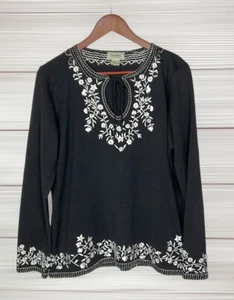Neiman Marcus Exclusive Black Sweater Woman Silk Cotton Blend Knit Embroidered L - Picture 1 of 11