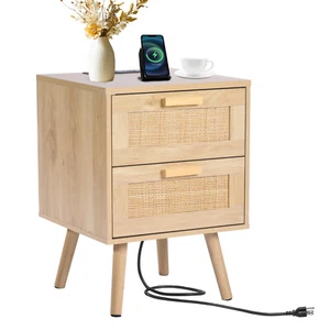 Rattan Nightstand Rattan End Table with 2 Drawers Boho Bedside Table - Picture 1 of 12
