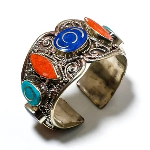Tibetan Turquoise Coral lapis Gemstone Nepali Cuff Bracelet Jewellery Free Size - Picture 1 of 3