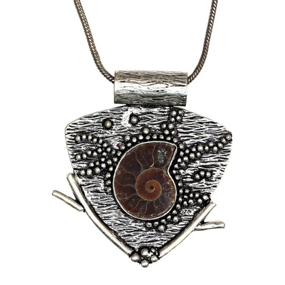 Серебряный кулон ручной работы с ископаемым драгоценным камнем аммонитом на День матери 2 дюйма - Изображение 1 из 4