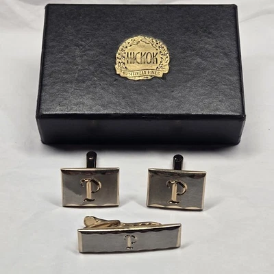 Vintage HICKOK Art Deco Cufflinks & Tie Clip Set Gold Silver Tone Monogram "P" - Image 1 of 4