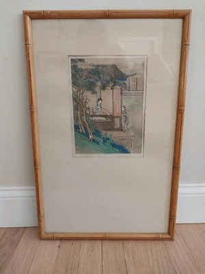 Antigua acuarela china sobre seda, sumi-e, enmarcada en bambú Foto 1 de 4