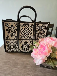 Viola Castellani New with Tags Woven Fabric Leather Tote Shoulder Bag Black/Whit - Picture 1 of 5