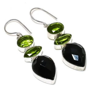 Black Spinel, Peridot Gemstone 925 Sterling Silver Jewelry Earring 2.13" - Picture 1 of 5