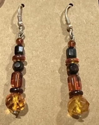 Artisan Sterling Silver Earrings Baltic Amber Beaded Modernist 925 Drops Hook - Image 1 of 4