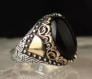 925 Sterling Silver Men's Ring Turkish Handmade Natural Stone Onyx Stone - Picture 1 of 3