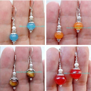 Pretty Multicolor Round 12mm Gemstone + 4-5mm White Pearl Dangle Earrings AA - Picture 1 of 16