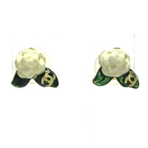 Auth CHANEL Camellia - White Green Gold Patent Leather Hardware Earrings