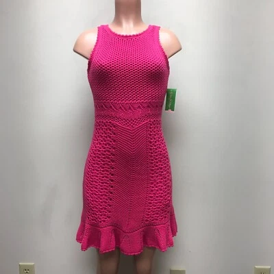 Lilly Pulitzer Azalea Pink Ruffle Harbor Crochet Molly Sweater Dress XS $188 New - Image 1 of 4