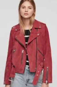All Saints Leather Jacket Suede Balfern RaspberryRed Beaujolais Biker UK10 US6 - Picture 1 of 14