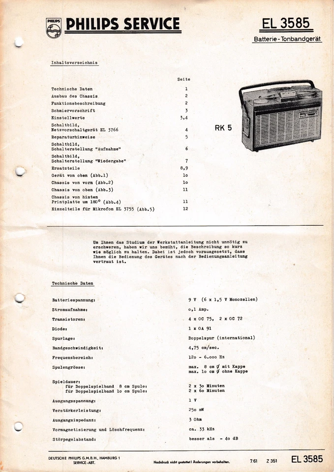 Manuale Di Servizio Per Philips EL 3585, RK 5 - Immagine 1 di 1
