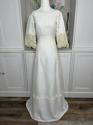 Vestido de Noiva Alfred Angelo Anos 70 Linho Renda Pequeno Off White Modesto Vestido Vintage - Imagem 1 de 4