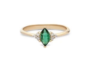14k Solid Gold Lab-Created Pear Cut Emerald Side Round Diamonds Stacking Rings - Picture 1 of 9