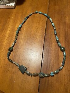 Long Carved Turquoise Silver Necklace,17in