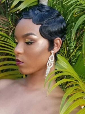 Black Finger Wave Human Hair Wig Lace Front Wigs L Part Glueless Wig - Image 1 of 4