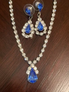 Vintage Statement Piece Blue Rhinestone Party Necklace Pierced Earrings Formal - Picture 1 of 3