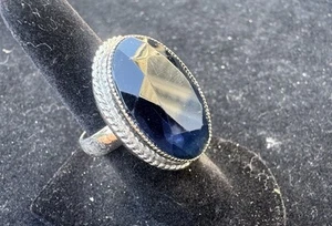 VINTAGE SIGNED WHITING & DAVIS BLUE FACETED STONE SILVER TONE EXPANDABLE RING - Picture 1 of 11