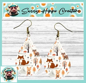 Pendientes Lágrima Oro Gancho Espalda Otoño Bosque Zorros Bosque Madera MDF - Imagen 1 de 4