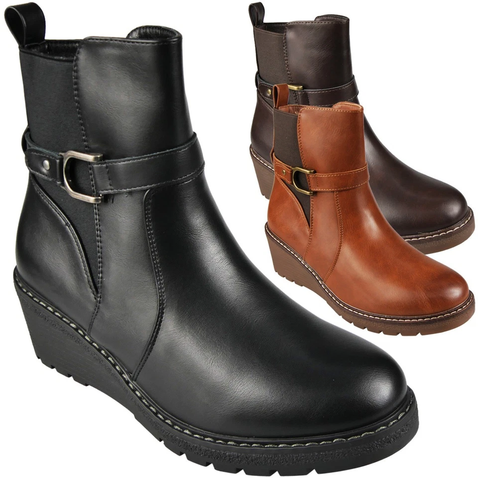 Ankle Wedge Boots Shoes Ladies Winter Zip Comfy Faux Leather Lined Womens Sizes - Image 1 of 1