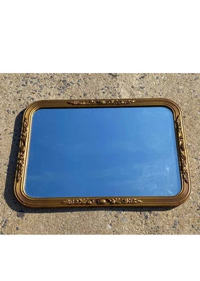 Hermoso Espejo Rectangular Antiguo Antiguo Dorado Ornamentado Madera Con Flores y Pergamino Foto 1 de 4