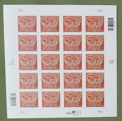 ONE (1) Pane of COVERLET EAGLE E Pluribus Unum 60¢ US Postage Stamps. Sc # 3646 - Image 1 of 4