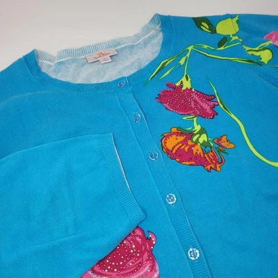 Quacker Factory Blue Floral Cardigan Sweater 3X Romantic Cottage Core - Image 1 of 4