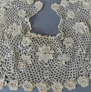 Antique Handmade IRISH CROCHET LACE COLLAR w Layered ROSES + BOBBLES Creamy Ecru - Picture 1 of 6