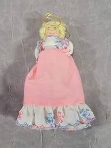Vtg Handmade Clothes-Pin Doll Ornament White Blouse Pink Skirt Blonde Hair 4" - Picture 1 of 8