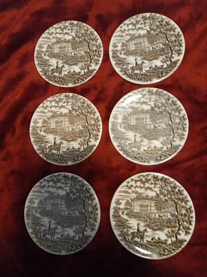 英国铁矿石瓷器棕色/白色英国乡村 3.5 英寸 Plate 6 件 — 第 1/4 张图片