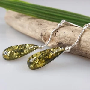 Pendientes de plata, pendientes de ámbar, pendientes de ámbar verde, 925 en forma de gota - Imagen 1 de 6