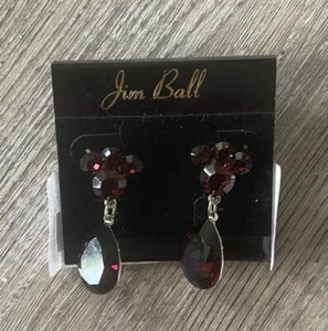 Jim Ball Burgundy Crystal Pierced Earrings Prom Pageant Gala NIB - Picture 1 of 1
