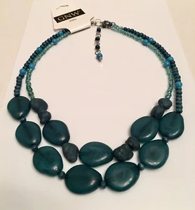 Neu mit Etikett türkis blau grün Doppel 2 Strang Perlen 18” - 20 1/2” lange Halskette - Bild 1 von 5