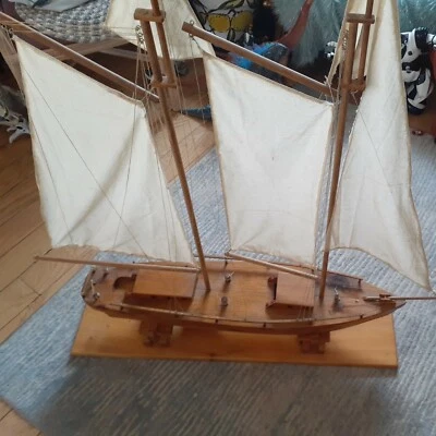 Late 19th C.  Rare Model 2 Masted Handmade Wood Schooner 34" Long, 36" MidMast - Image 1 of 4