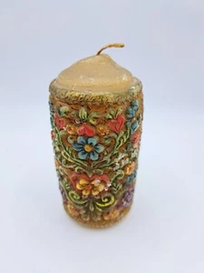 Alte Kerze - bemalte Relief Kerze - Stumpenkerze - Motiv Blumen - H 10 cm - Bild 1 von 8