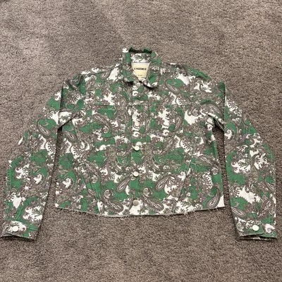 Chaqueta para mujer L'Agence verde floral denim dobladillo crudo abotonada talla grande RARA USADA EN EXCELENTE ESTADO Foto 1 de 4