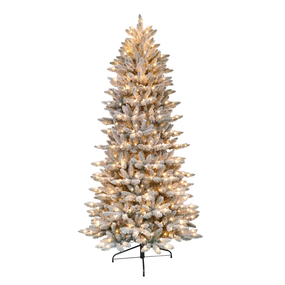 Puleo International 7.5 Foot Pre-lit Slim Flocked Fraser Fir Artificial Tree 500