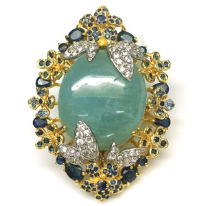 Gemma 25 x 28 MM Acquamarina, Zaffiro & Zircone Spilla/Ciondolo 925 Argento - Foto 1 di 4