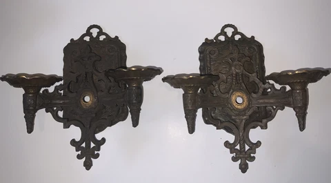 Pair Antique 1920’s 2 Arm Spanish Revival Gothic Cast Iron Wall Sconces Markel Cover