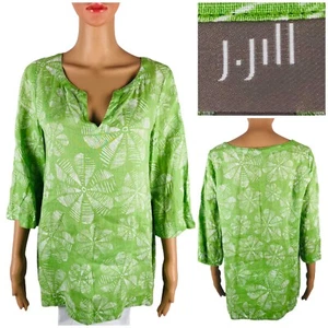J Jill Damen Medium Top Tunika Schlupfausschnitt grün geblümt 100 % Leinen geometrisches Muster gebraucht, in einwandfreiem Zustand - Bild 1 von 9