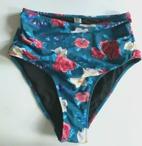 CUPSHE Swim M BIKINI BOTTOM Floral HIGH WAISTED Ruched Sides SAPPHIRE Blue EXC - Picture 1 of 6
